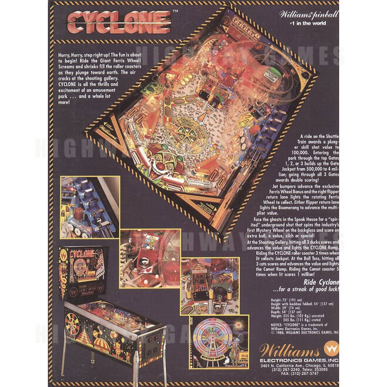 Cyclone Pinball (1988) - Brochure Back